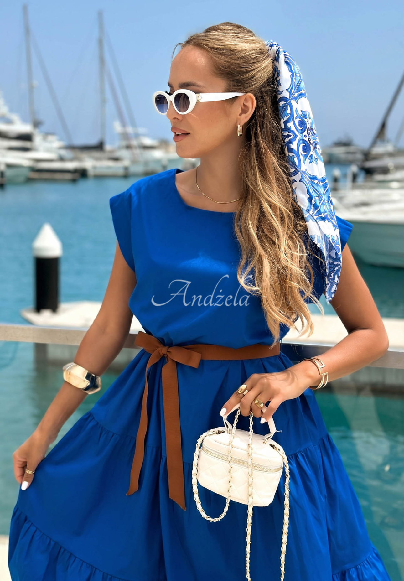 Baumwollkleid mit Rüschen und Gürtel Marina Royale Kobaltblau