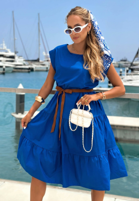 Baumwollkleid mit Rüschen und Gürtel Marina Royale Kobaltblau