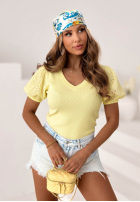 Prążkowana Bluse z bawełny z ażurowymi bufkami Sweet Escape Weiß