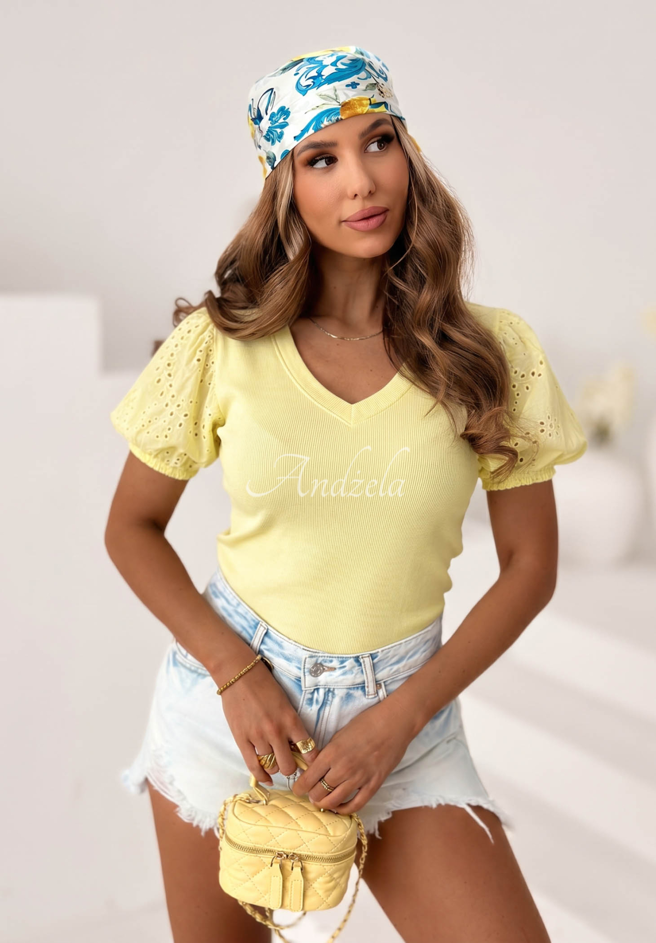 Gerippte Baumwollbluse mit durchbrochenen Sweet Escape Gelb