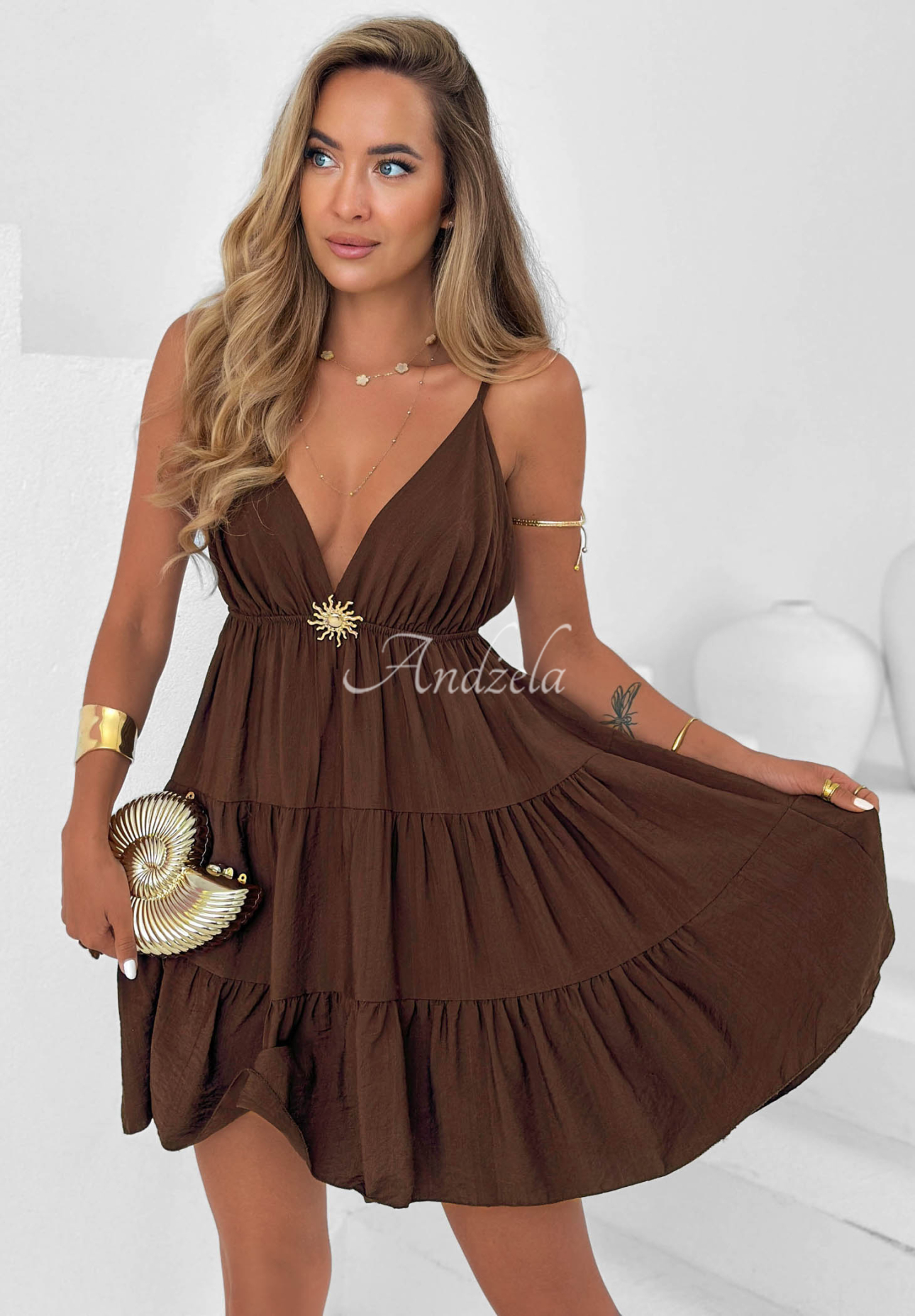 Minikleid aus Viskose mit Trägern Sun Treasure Schokoladenbraun