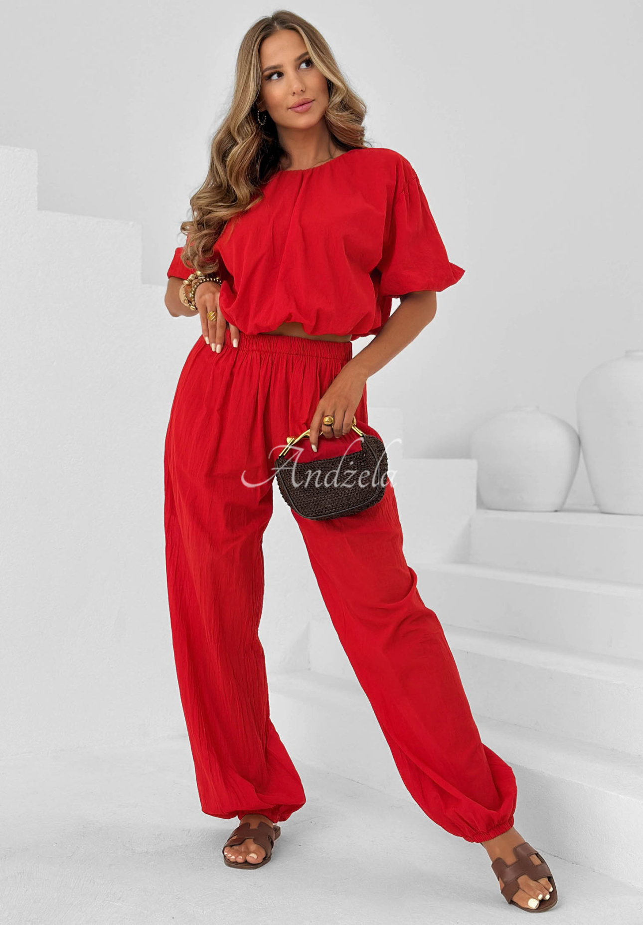 Baumwoll-Set: Bluse mit Puffärmeln und Jogginghose Pretty Sunrise Rot