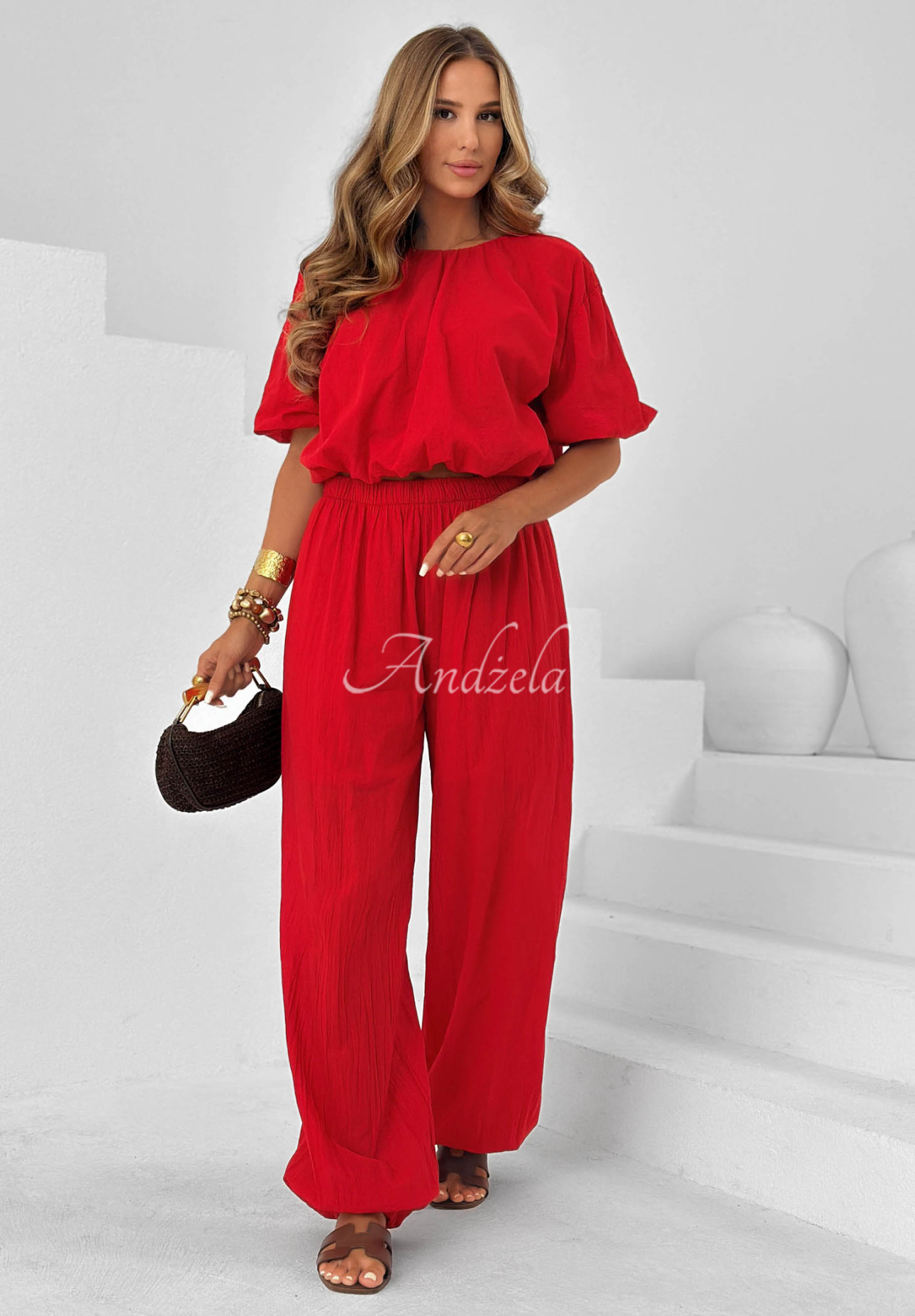 Baumwoll-Set: Bluse mit Puffärmeln und Jogginghose Pretty Sunrise Rot