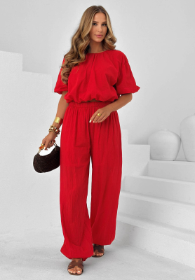 Baumwoll-Set: Bluse mit Puff&auml;rmeln und Jogginghose Pretty Sunrise Rot