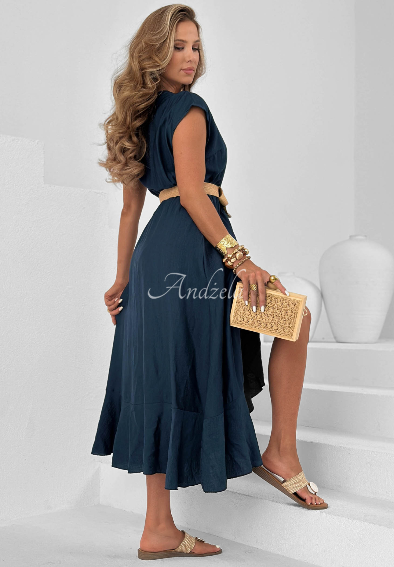 Midikleid aus Viskose mit Rüschen und Gürtel Night Sea Dunkelblau