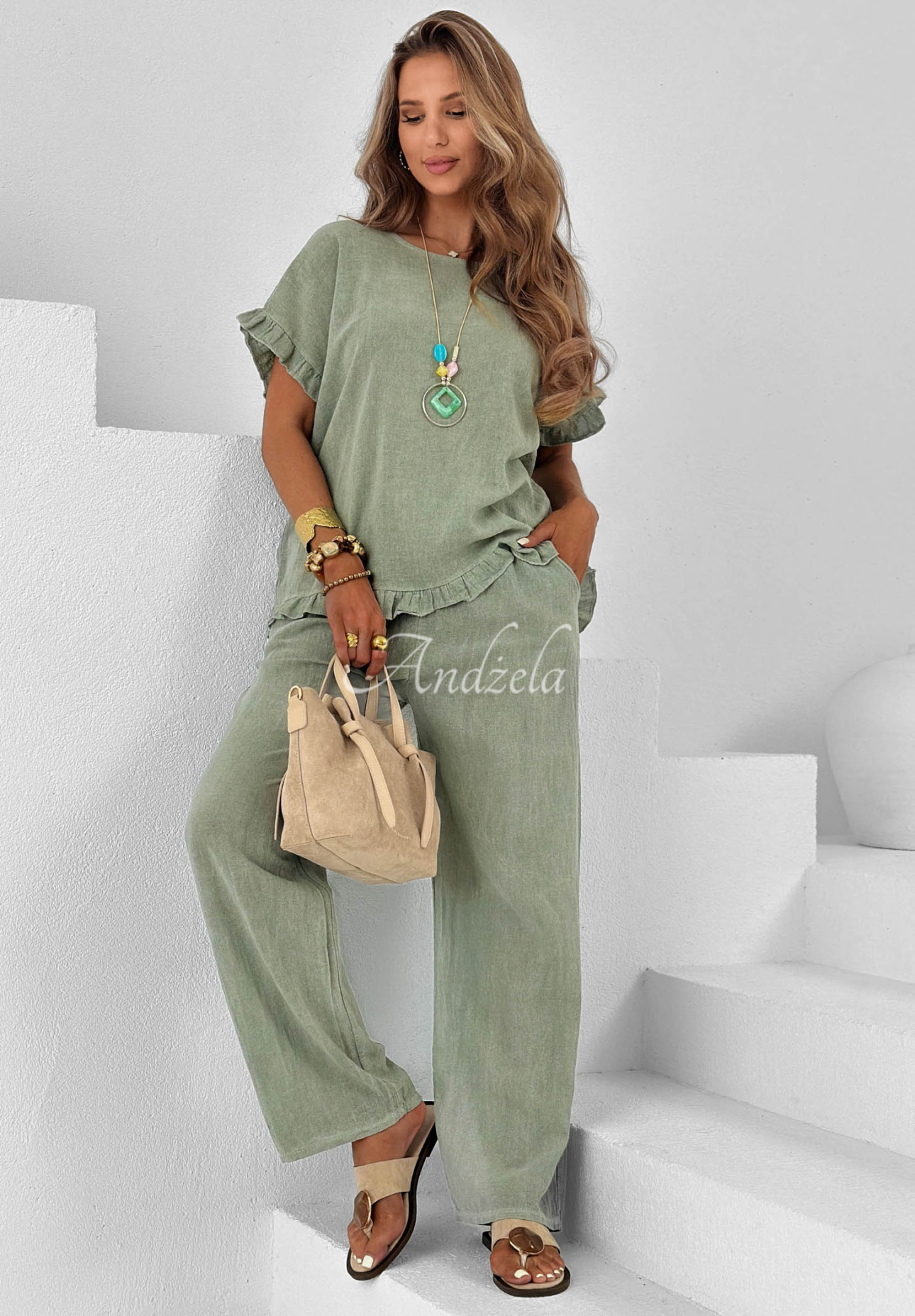 Leinen-Set aus Baumwollbluse und weite Hose Summer Breeze Khaki