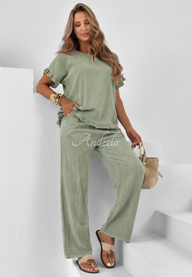Leinen-Set aus Baumwollbluse und weite Hose Summer Breeze Khaki
