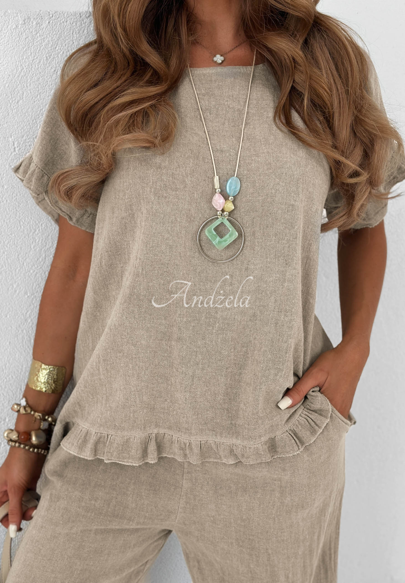 Leinen-Set aus Baumwollbluse und weite Hose Summer Breeze Mokkafarben