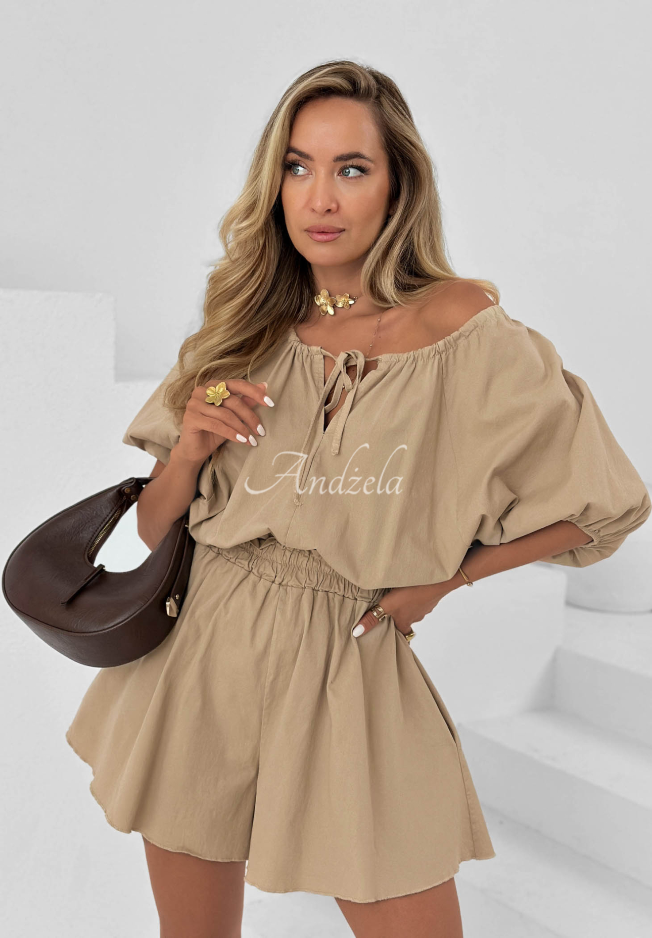 Kurzer Offshoulder Baumwoll-Overall Sandy Coast Beige