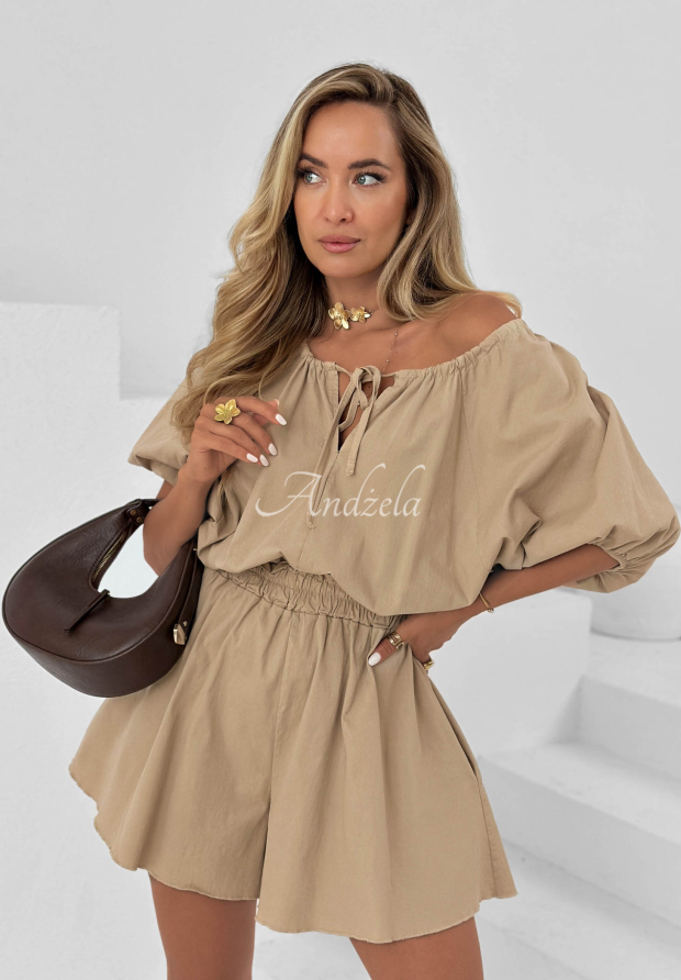 Kurzer Offshoulder Baumwoll-Overall Sandy Coast Beige