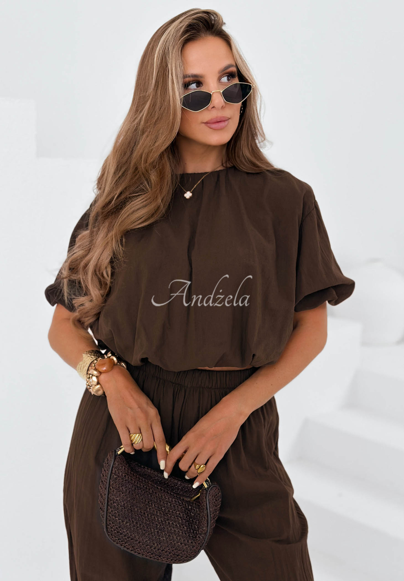 Baumwoll-Set: Bluse mit Puffärmeln und Jogginghose Pretty Sunrise Schokoladenbraun