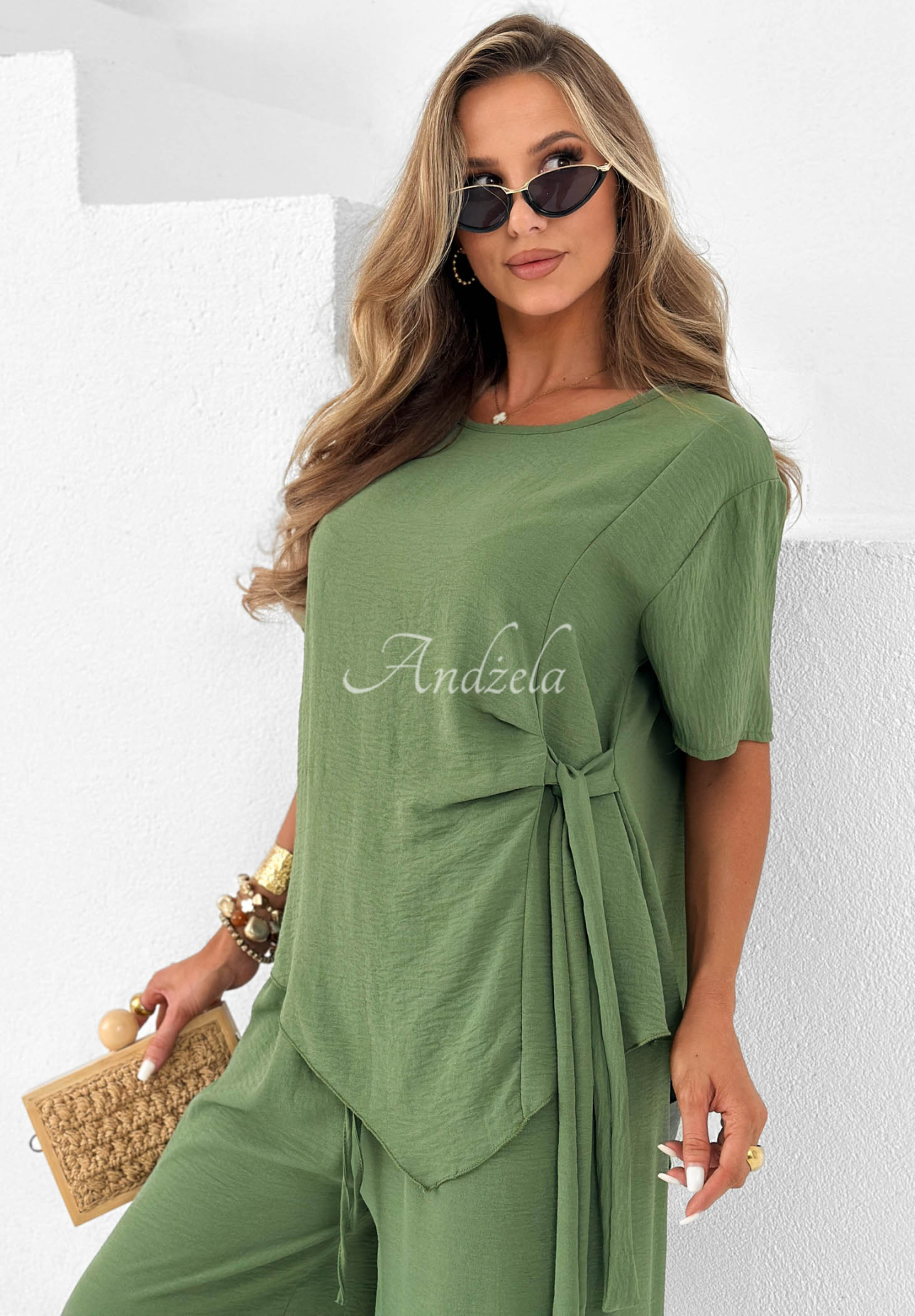 Viskose-Set gebundene Bluse und Hose mit weitem Bein Elite Holiday Khaki