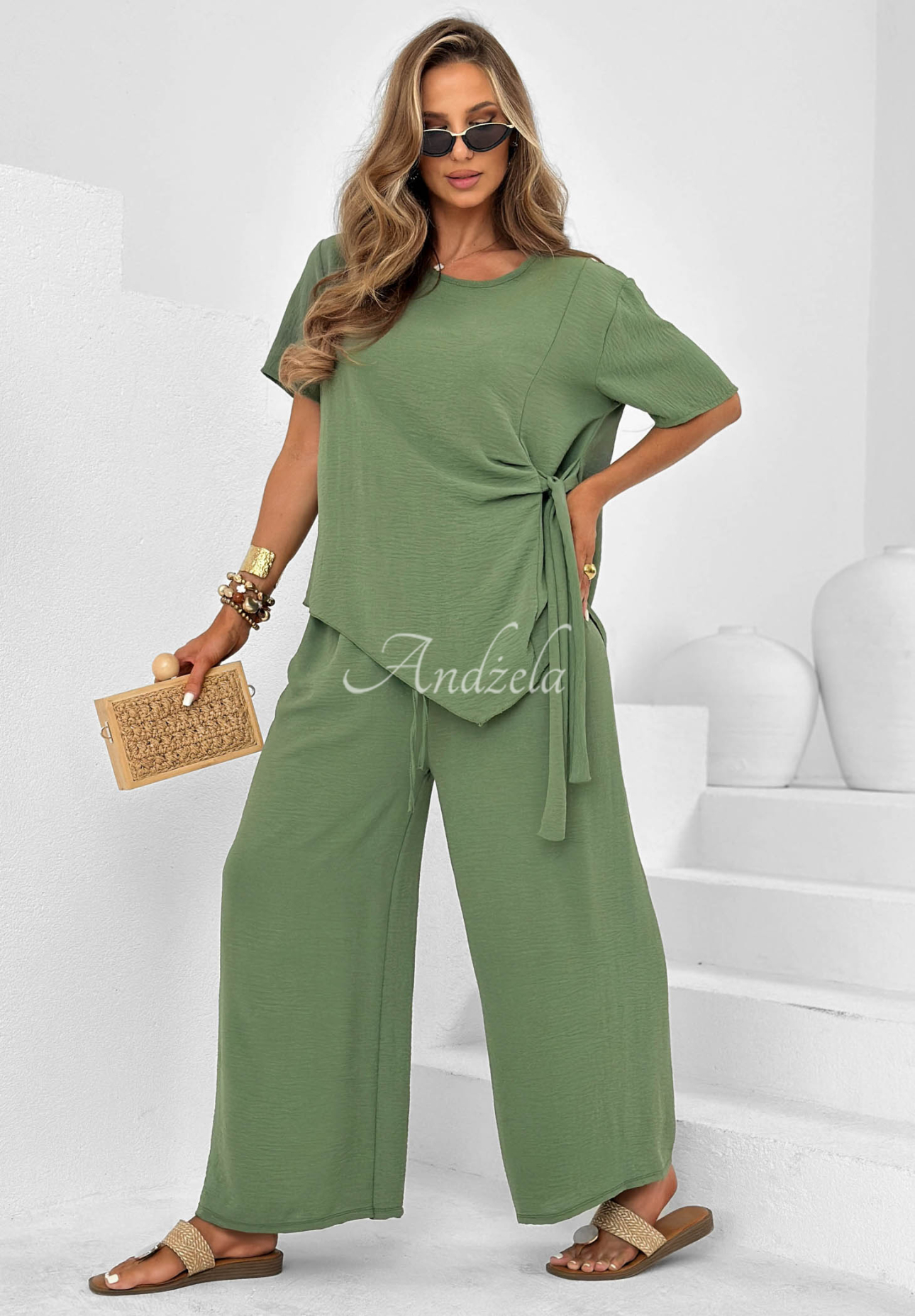 Viskose-Set gebundene Bluse und Hose mit weitem Bein Elite Holiday Khaki