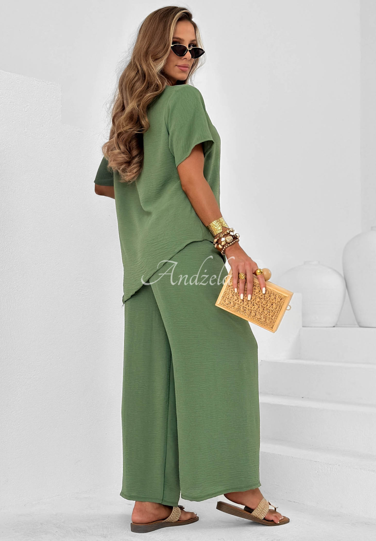 Viskose-Set gebundene Bluse und Hose mit weitem Bein Elite Holiday Khaki