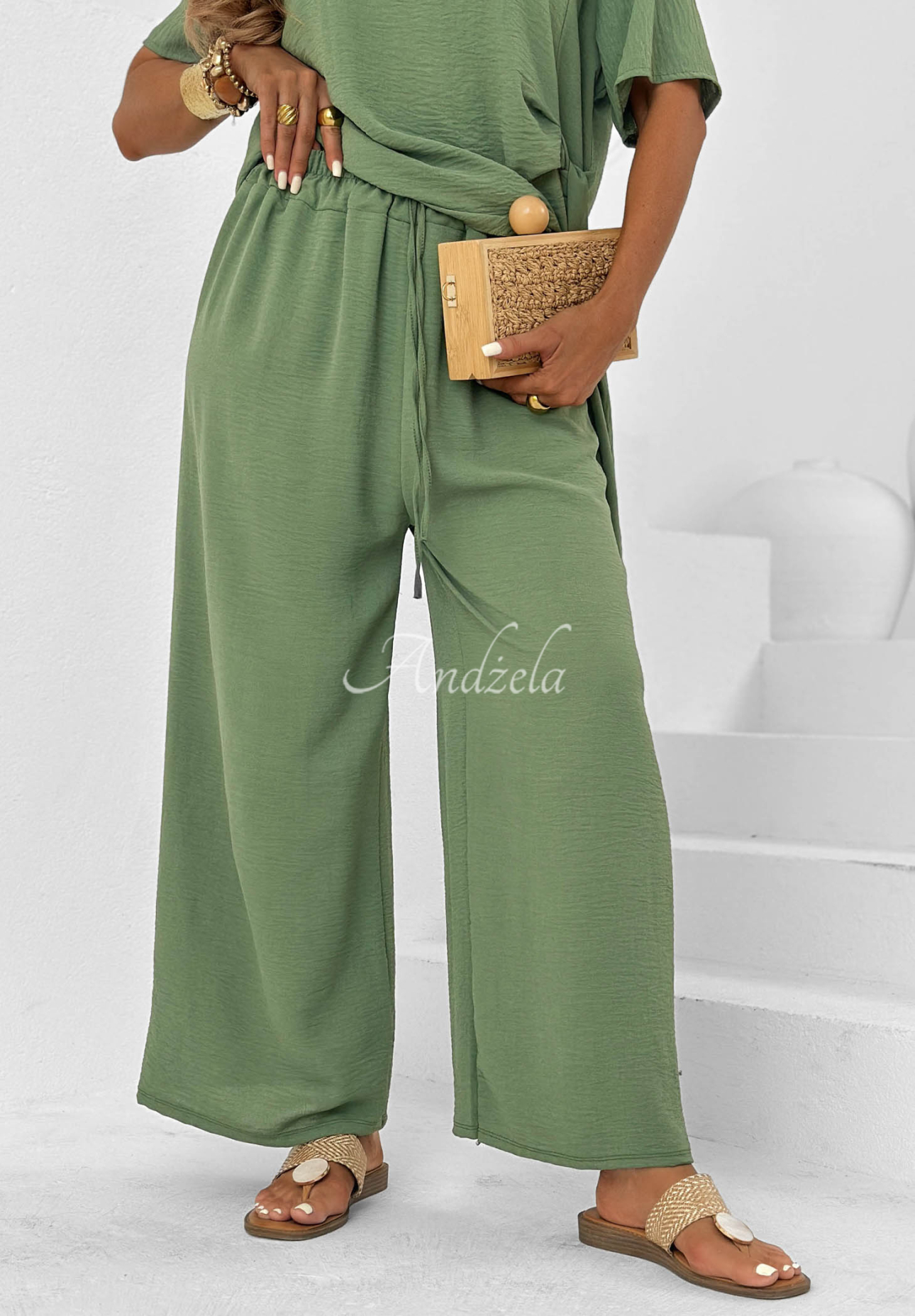 Viskose-Set gebundene Bluse und Hose mit weitem Bein Elite Holiday Khaki