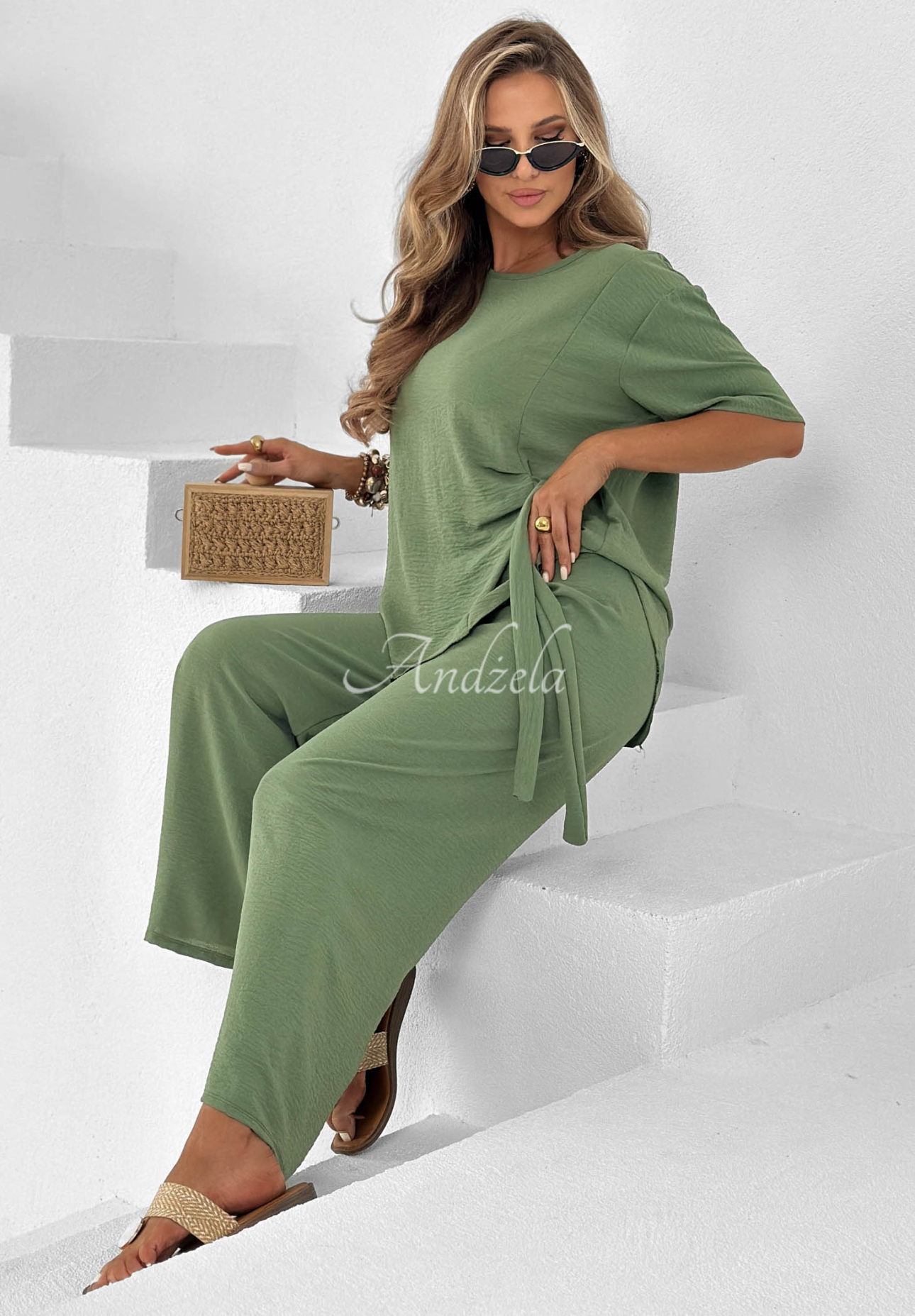 Viskose-Set gebundene Bluse und Hose mit weitem Bein Elite Holiday Khaki