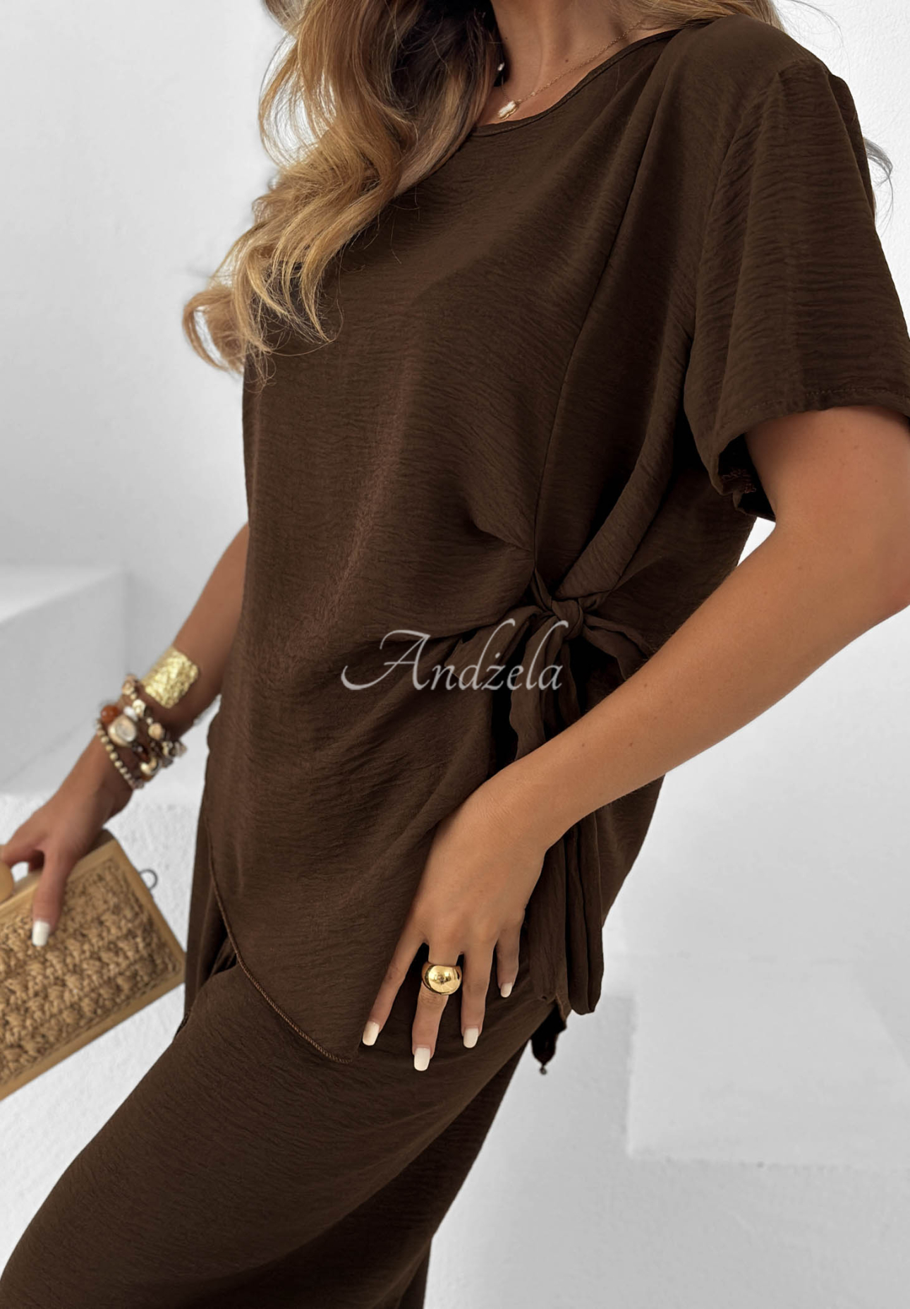 Viskose-Set gebundene Bluse und Hose mit weitem Bein Elite Holiday Schokoladenbraun