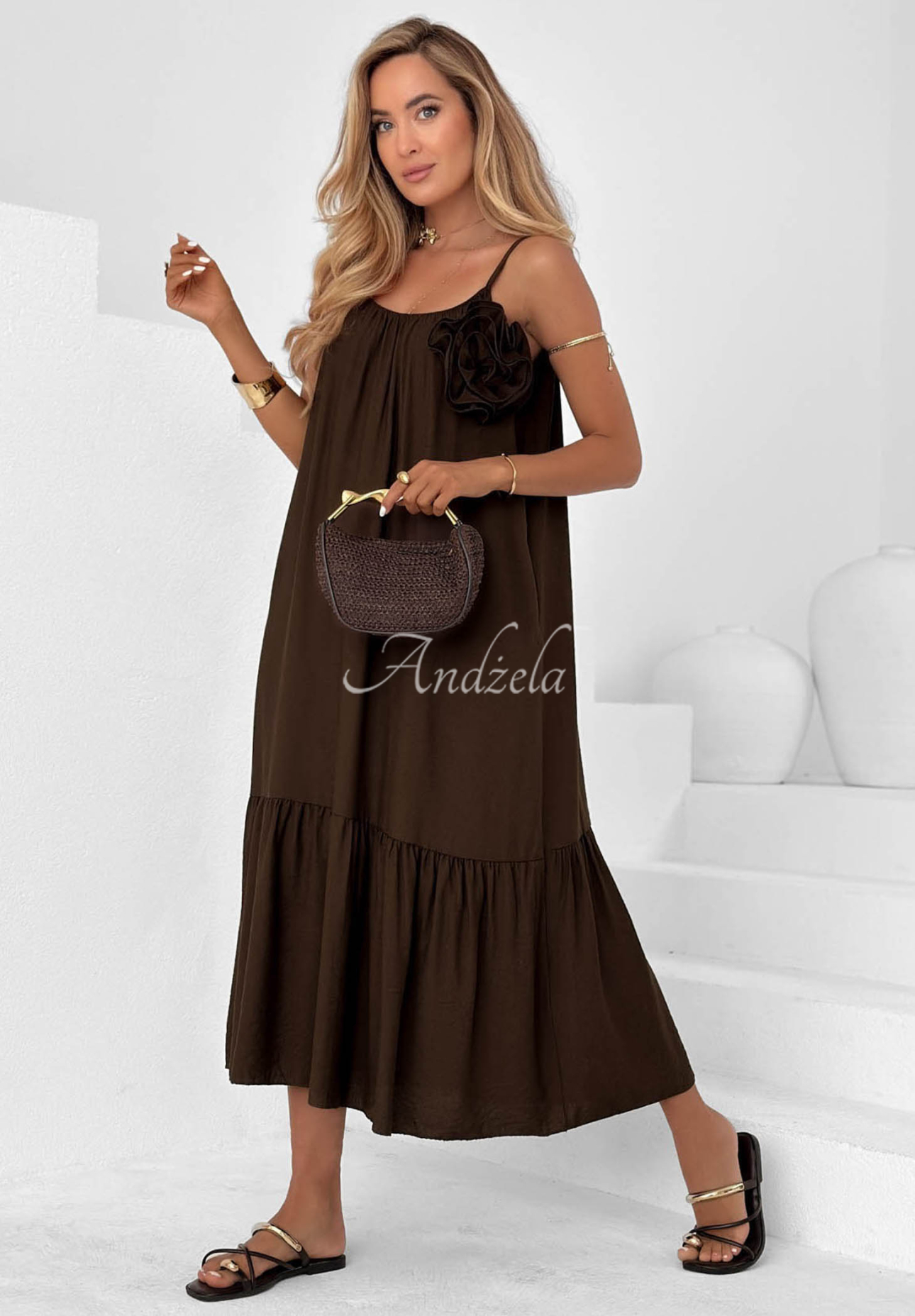 Midikleid aus Viskose mit Trägern Mirage Coast Schokoladenbraun