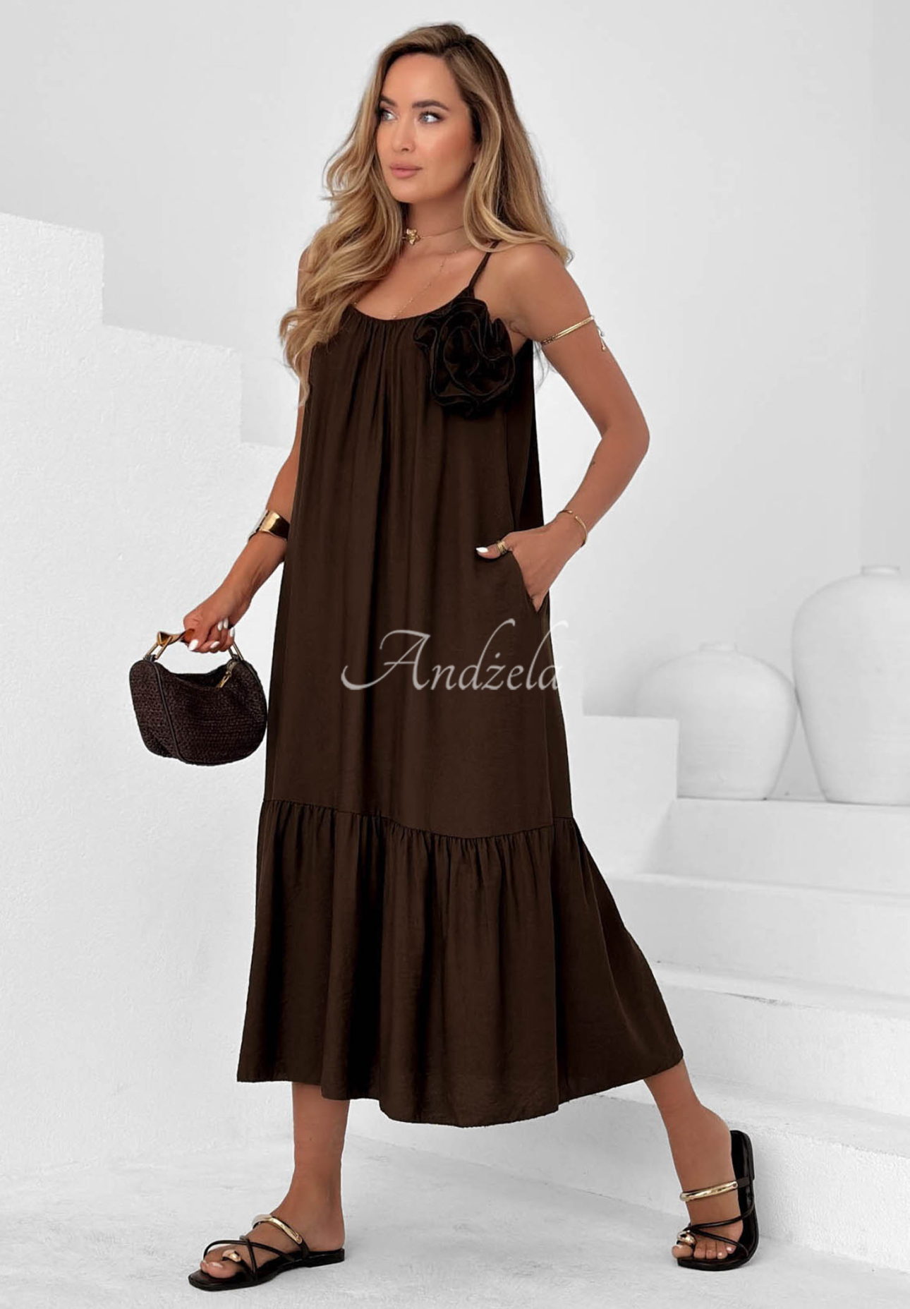 Midikleid aus Viskose mit Trägern Mirage Coast Schokoladenbraun