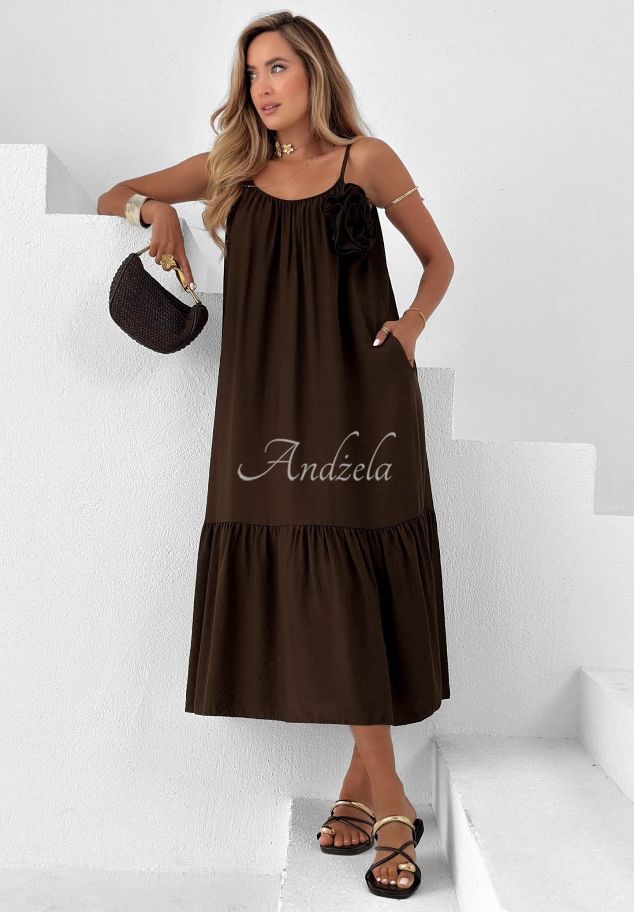 Midikleid aus Viskose mit Trägern Mirage Coast Schokoladenbraun
