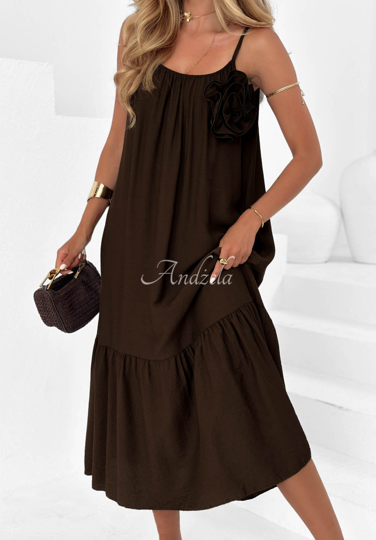 Midikleid aus Viskose mit Trägern Mirage Coast Schokoladenbraun