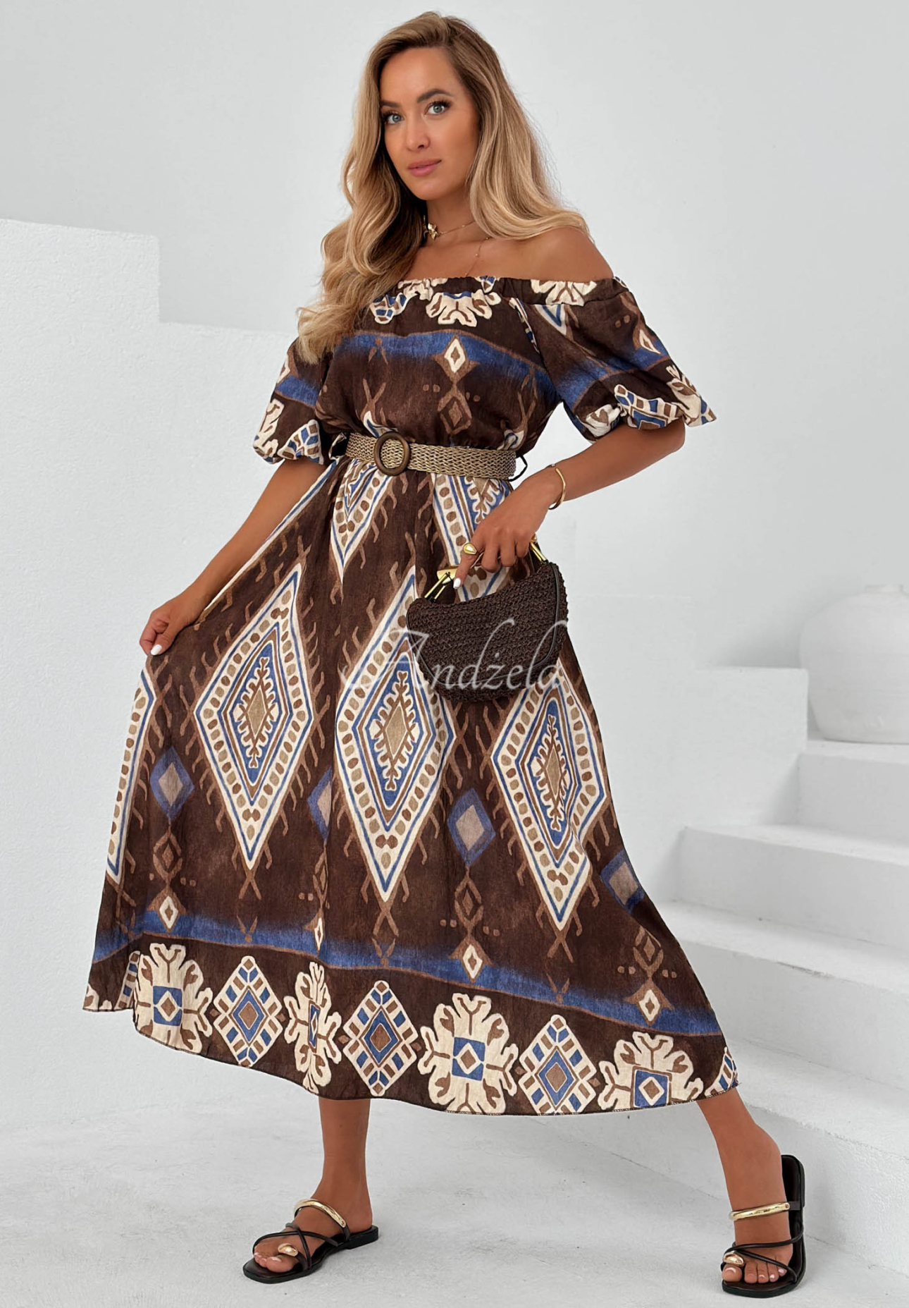 Gemustertes Viskose-Midikleid mit Offshoulder Brown Sands Schokoladenbraun