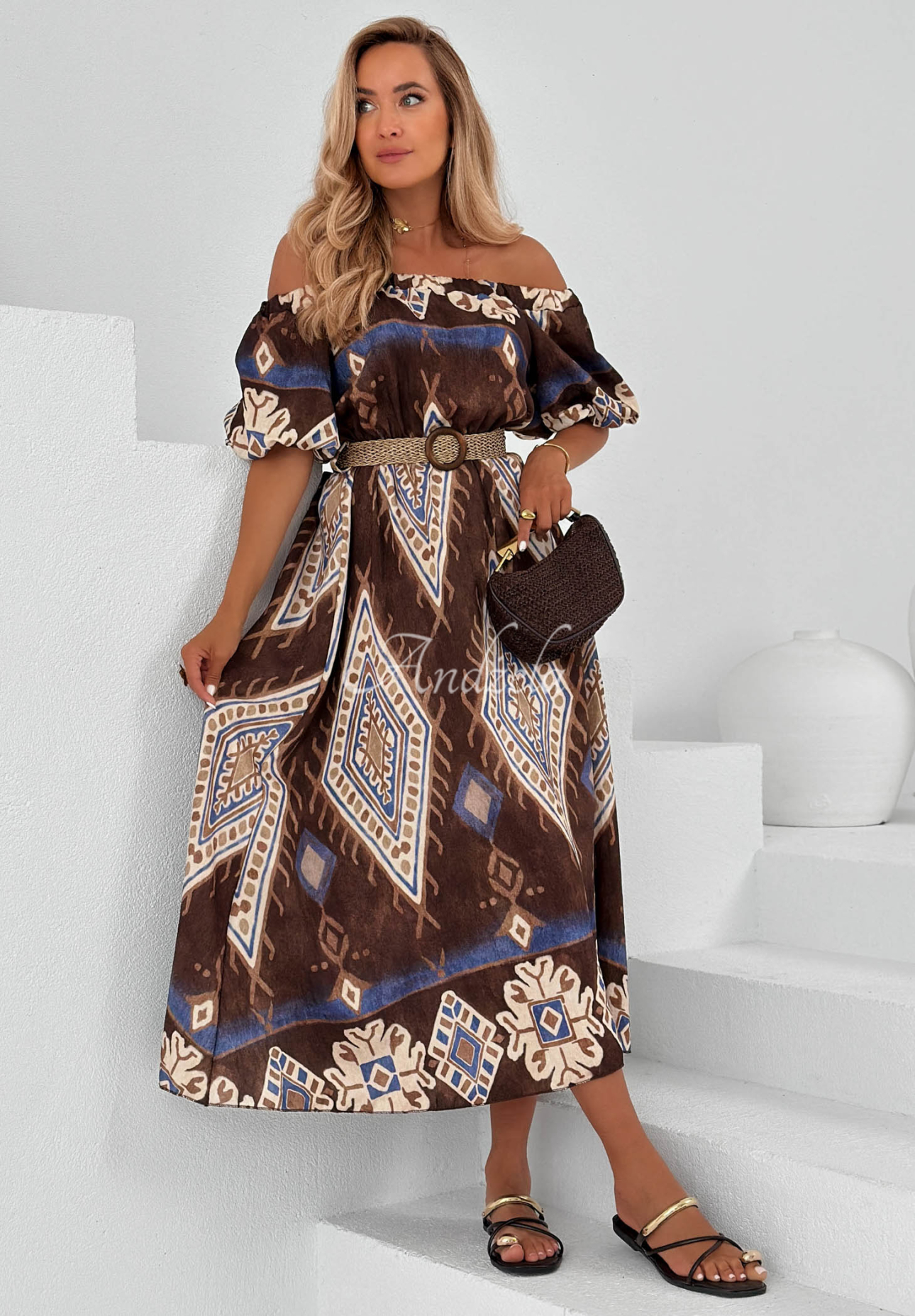 Gemustertes Viskose-Midikleid mit Offshoulder Brown Sands Schokoladenbraun