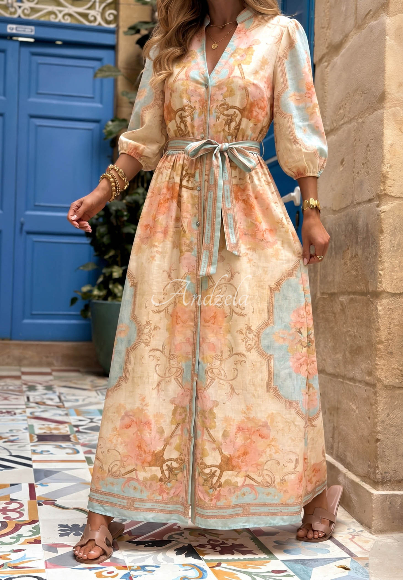 Gemustertes Maxikleid mit Gürtel Timeless Summer hellblau-rosa