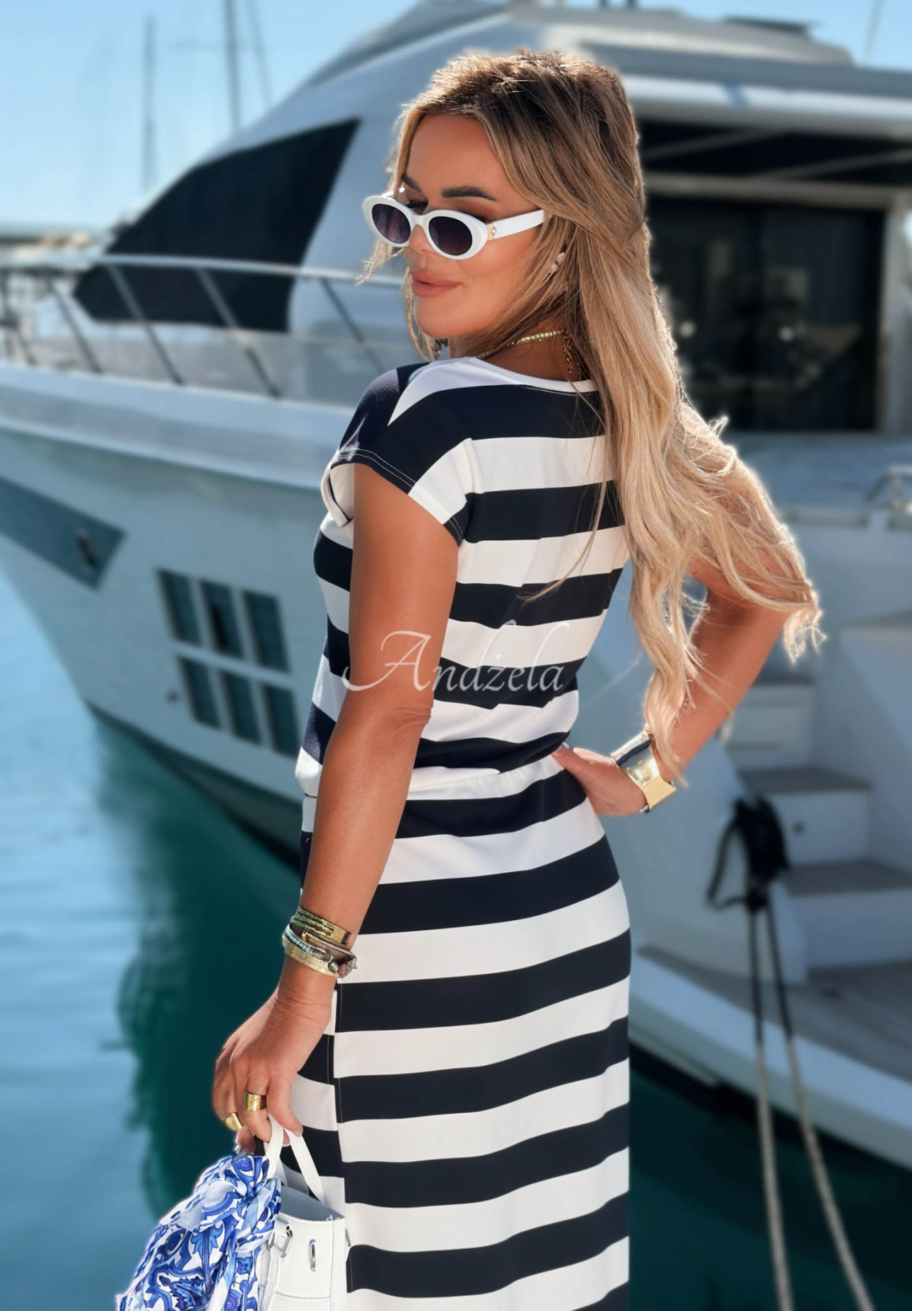 Gestreiftes Maxikleid mit Manschetten Moonlight Harbor Weiß-Marineblau