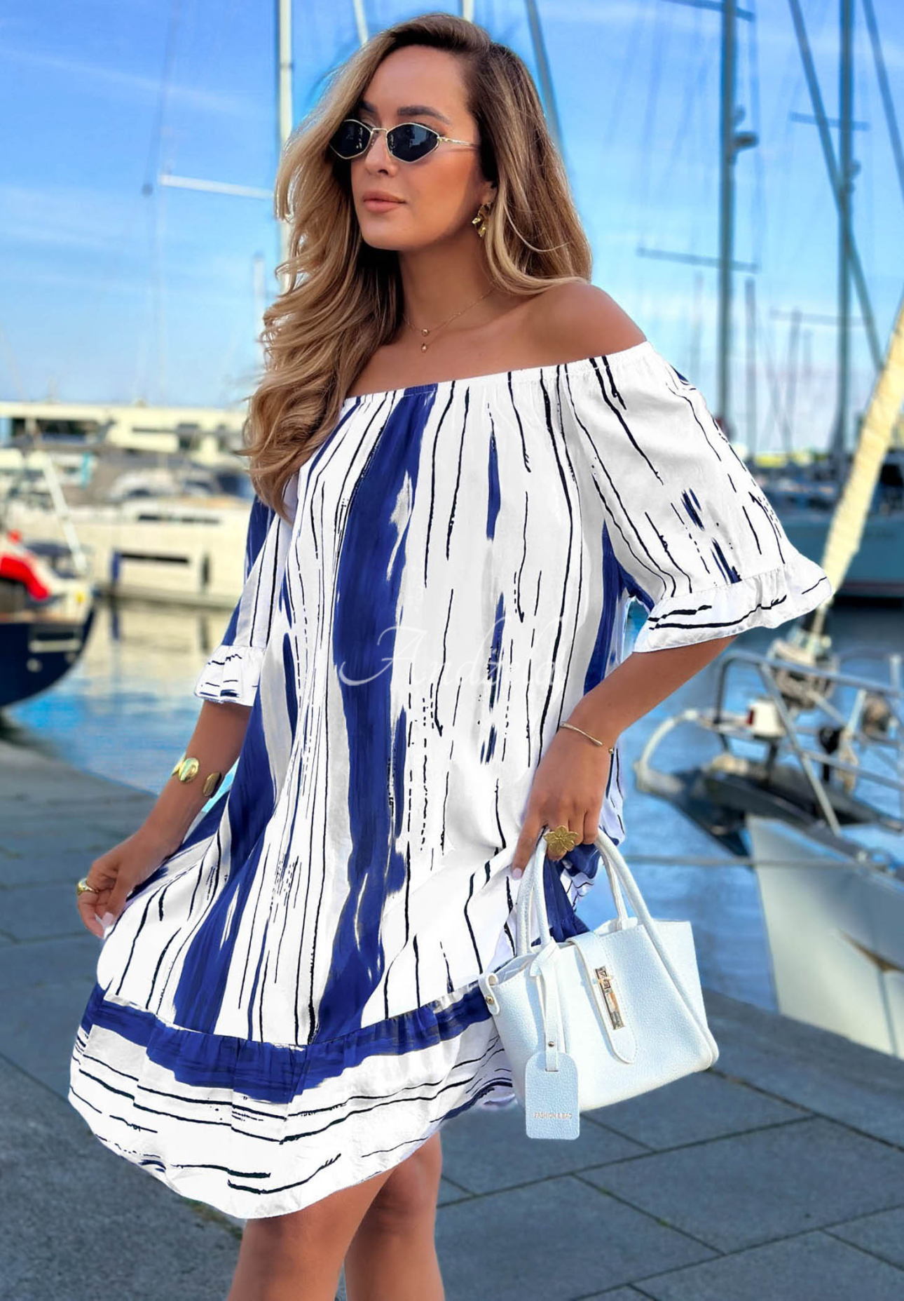 Gemustertes Off-Shoulder-Kleid aus Viskose Sun Sail weiß-Dunkelblau