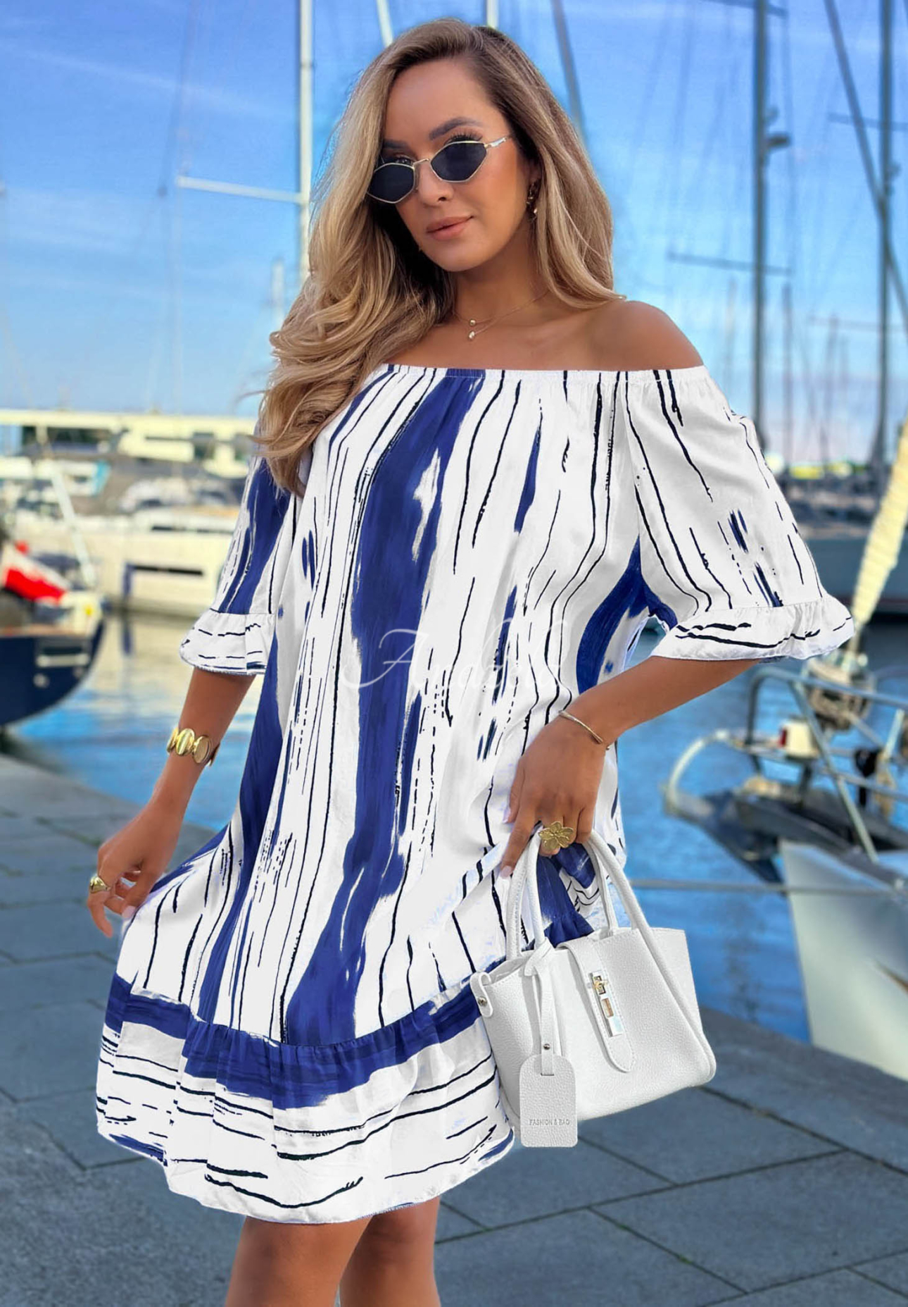 Gemustertes Off-Shoulder-Kleid aus Viskose Sun Sail weiß-Dunkelblau