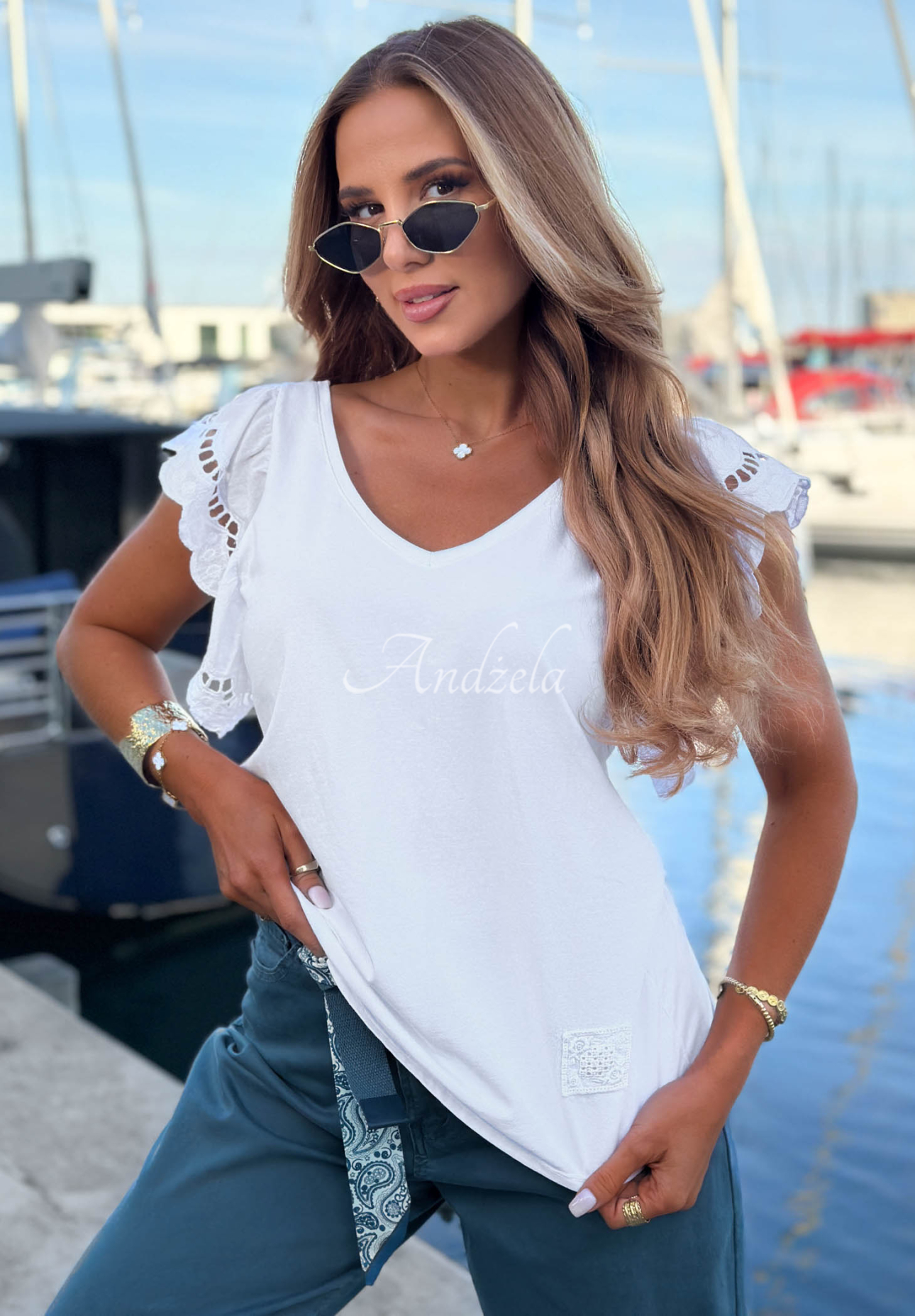 Baumwollbluse mit Rüschenärmeln Go Anywhere Weiß