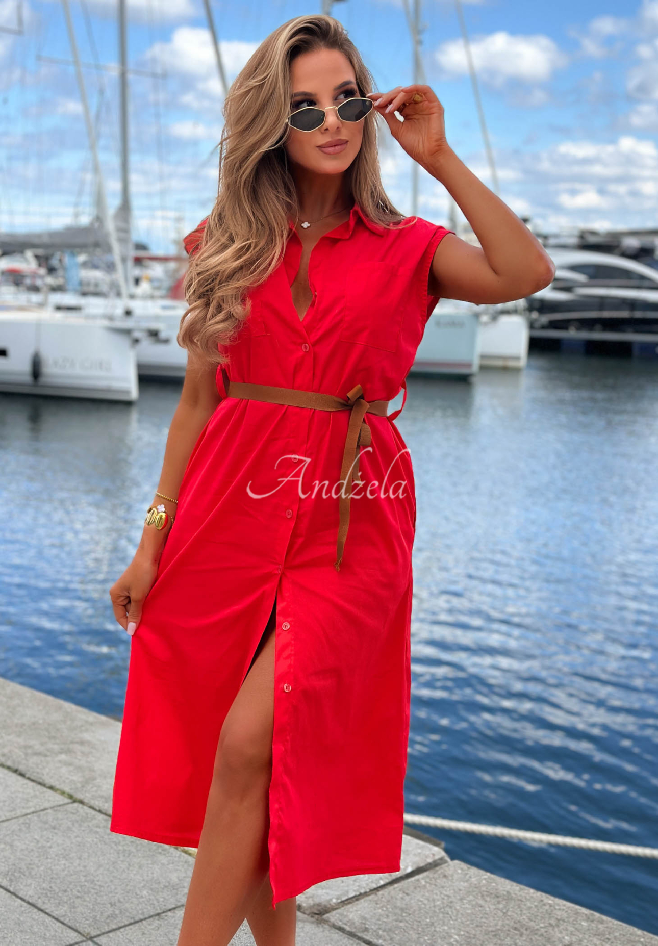Baumwollhemdkleid mit Gürtel Let's Sail Rot