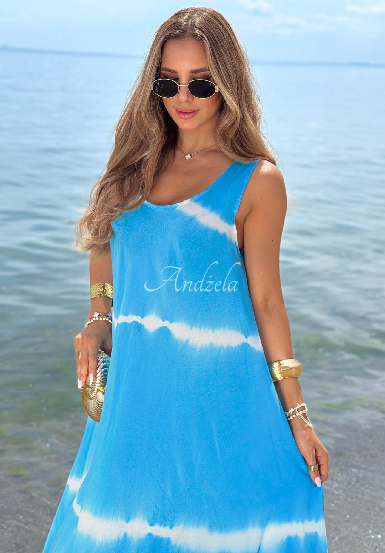 Tie Dye-Maxikleid aus Baumwolle mit Trägern Sea Waves Himmelblau