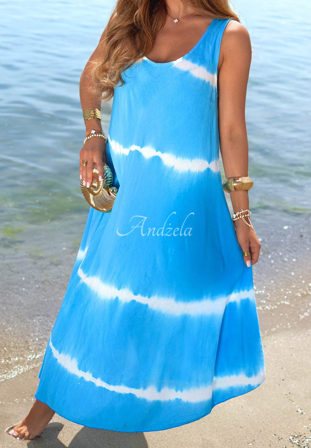 Tie Dye-Maxikleid aus Baumwolle mit Trägern Sea Waves Himmelblau