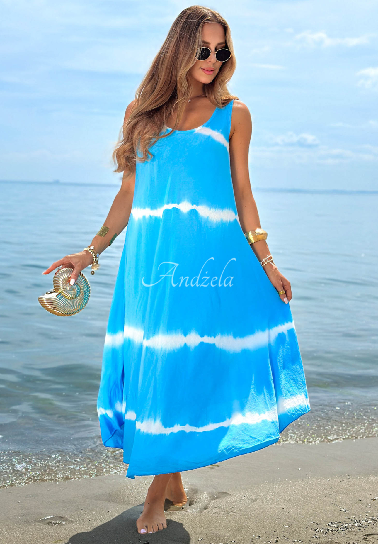 Tie Dye-Maxikleid aus Baumwolle mit Trägern Sea Waves Himmelblau