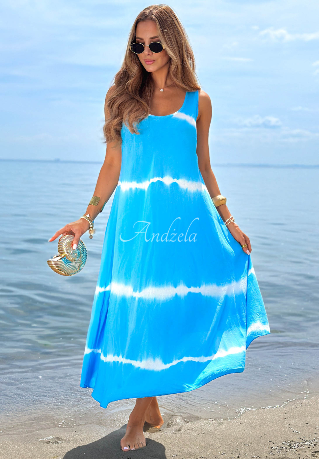 Tie Dye-Maxikleid aus Baumwolle mit Trägern Sea Waves Himmelblau