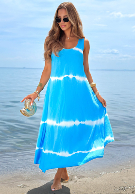 Tie Dye-Maxikleid aus Baumwolle mit Tr&auml;gern Sea Waves Himmelblau