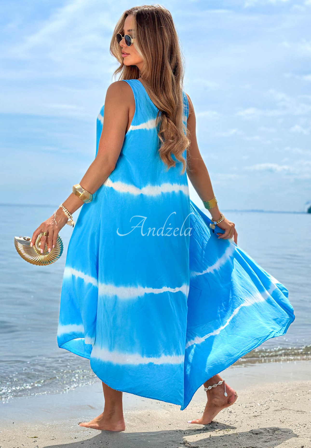 Tie Dye-Maxikleid aus Baumwolle mit Trägern Sea Waves Himmelblau