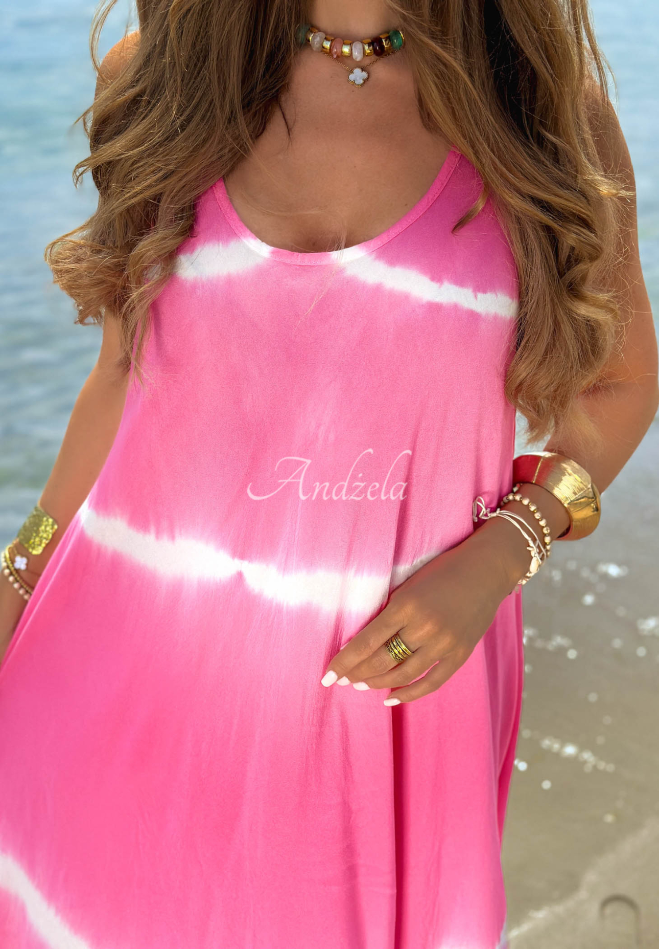 Tie dye-Maxikleid aus Baumwolle mit Trägern Sea Waves Fuchsia