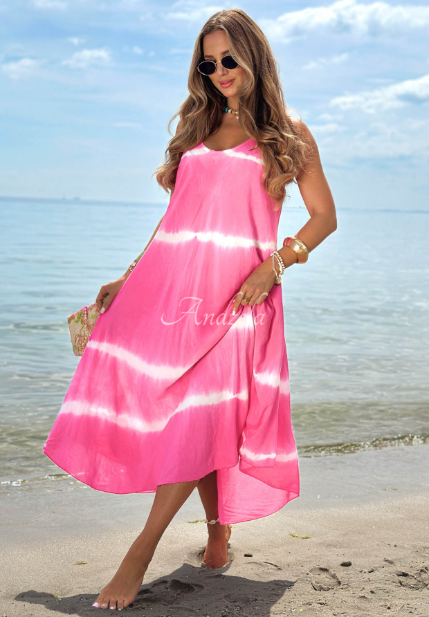 Tie dye-Maxikleid aus Baumwolle mit Tr&auml;gern Sea Waves Fuchsia