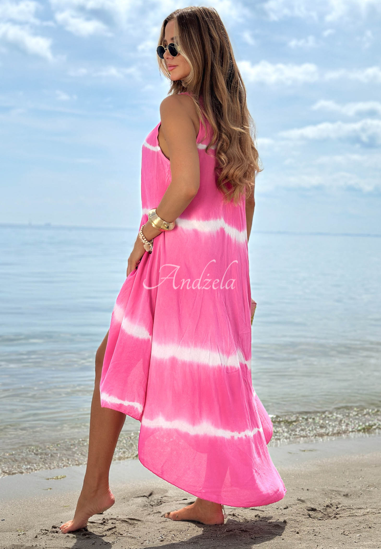 Tie dye-Maxikleid aus Baumwolle mit Trägern Sea Waves Fuchsia