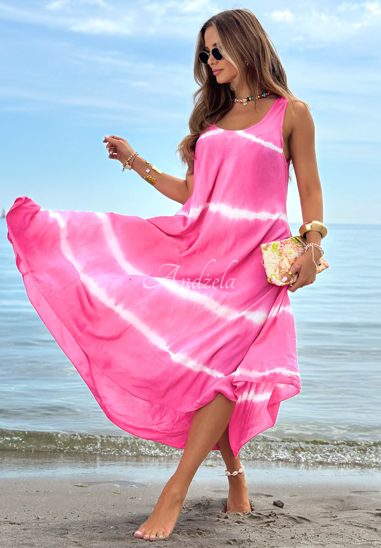 Tie dye-Maxikleid aus Baumwolle mit Trägern Sea Waves Fuchsia