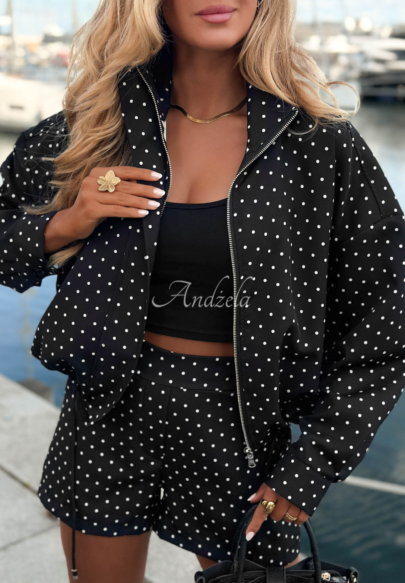 Set leichte Bomberjacke und gepunktete Shorts Dot Glow Schwarz