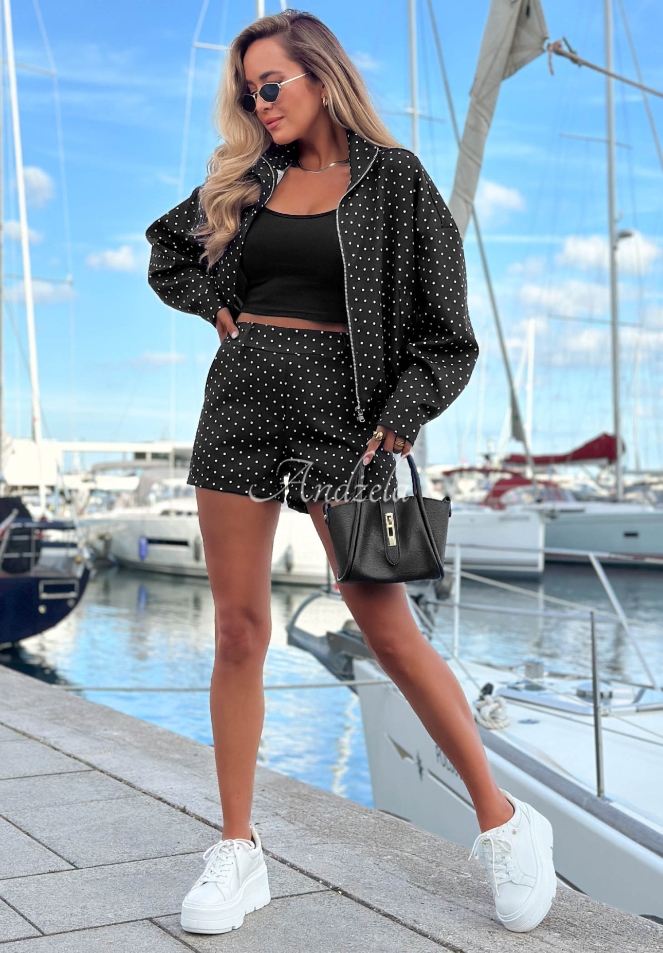 Set leichte Bomberjacke und gepunktete Shorts Dot Glow Schwarz