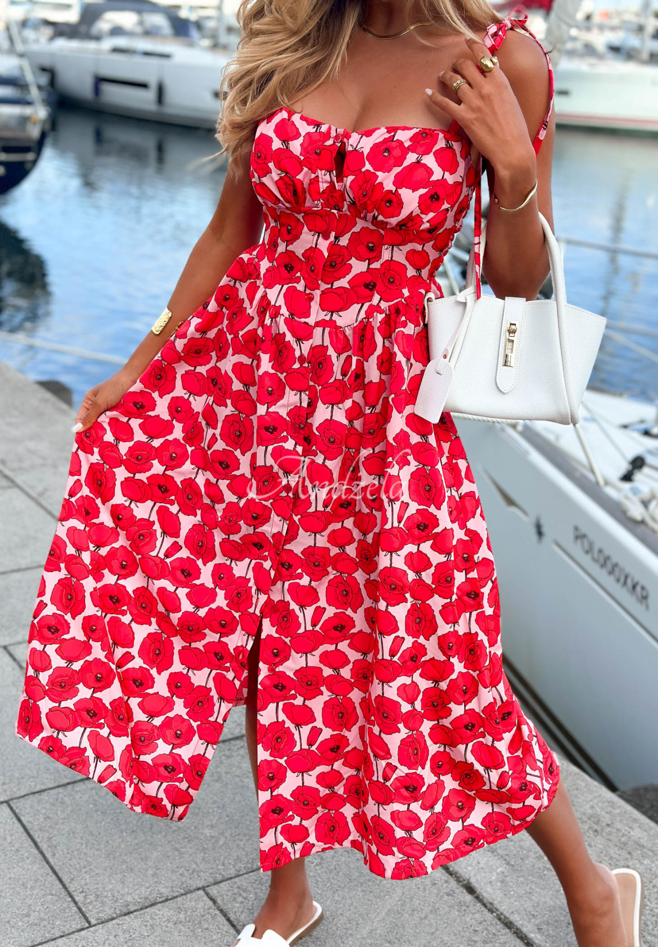 Geblümtes Midikleid mit Trägern Sour Citrus Rot