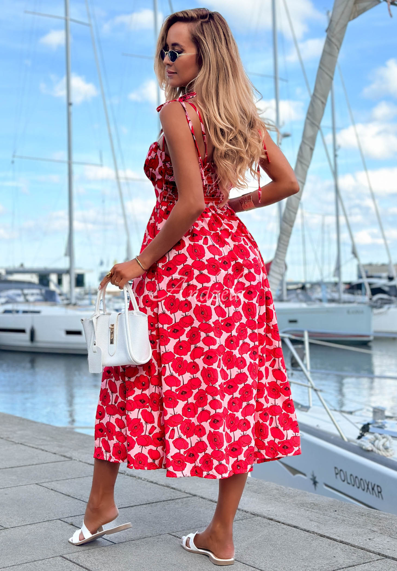 Geblümtes Midikleid mit Trägern Sour Citrus Rot