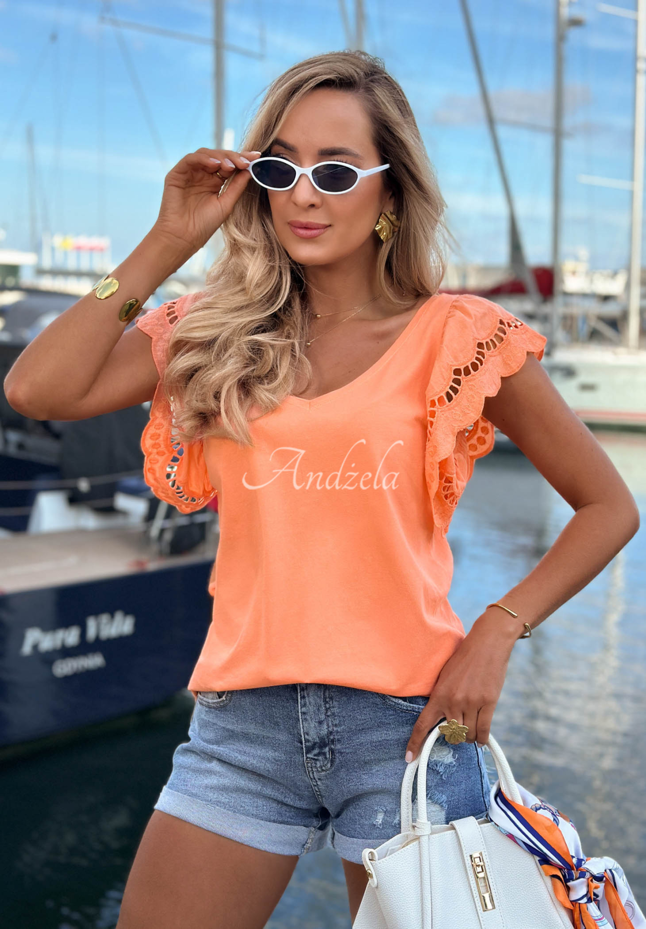 Baumwollbluse mit Rüschenärmeln Go Anywhere Orange