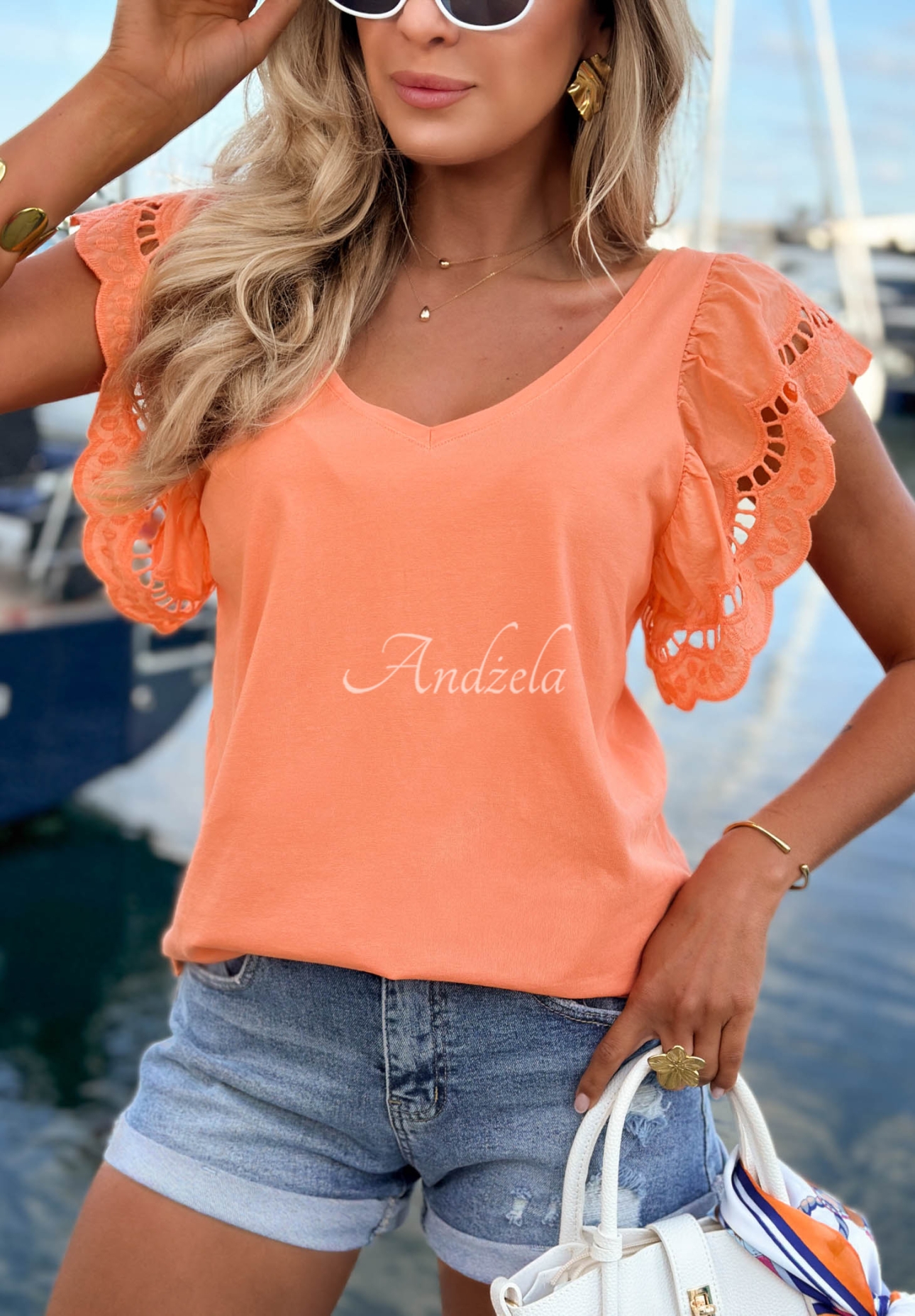 Baumwollbluse mit Rüschenärmeln Go Anywhere Orange