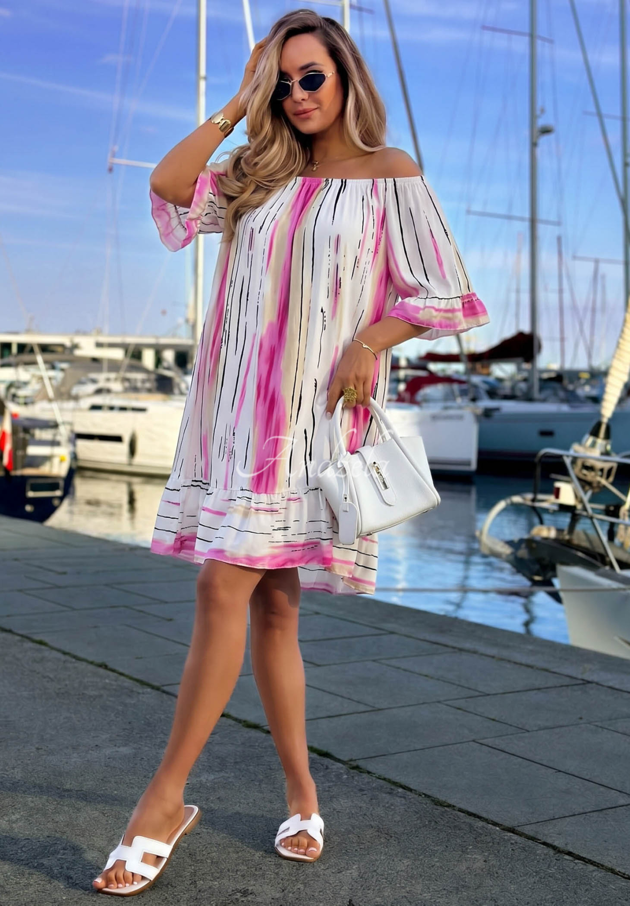 Gemustertes Off-Shoulder-Kleid aus Viskose Sun Sail weiß-Rosa